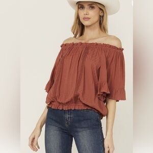 Band of the Free Rust Burnt Orange Ruffle Off-Shoulder Boho Top – Size Medium